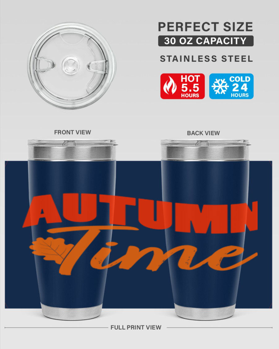 Autumn Time Design 33# 20oz Tumbler featuring vibrant fall colors and a stainless steel finish, ideal for hot and cold beverages.