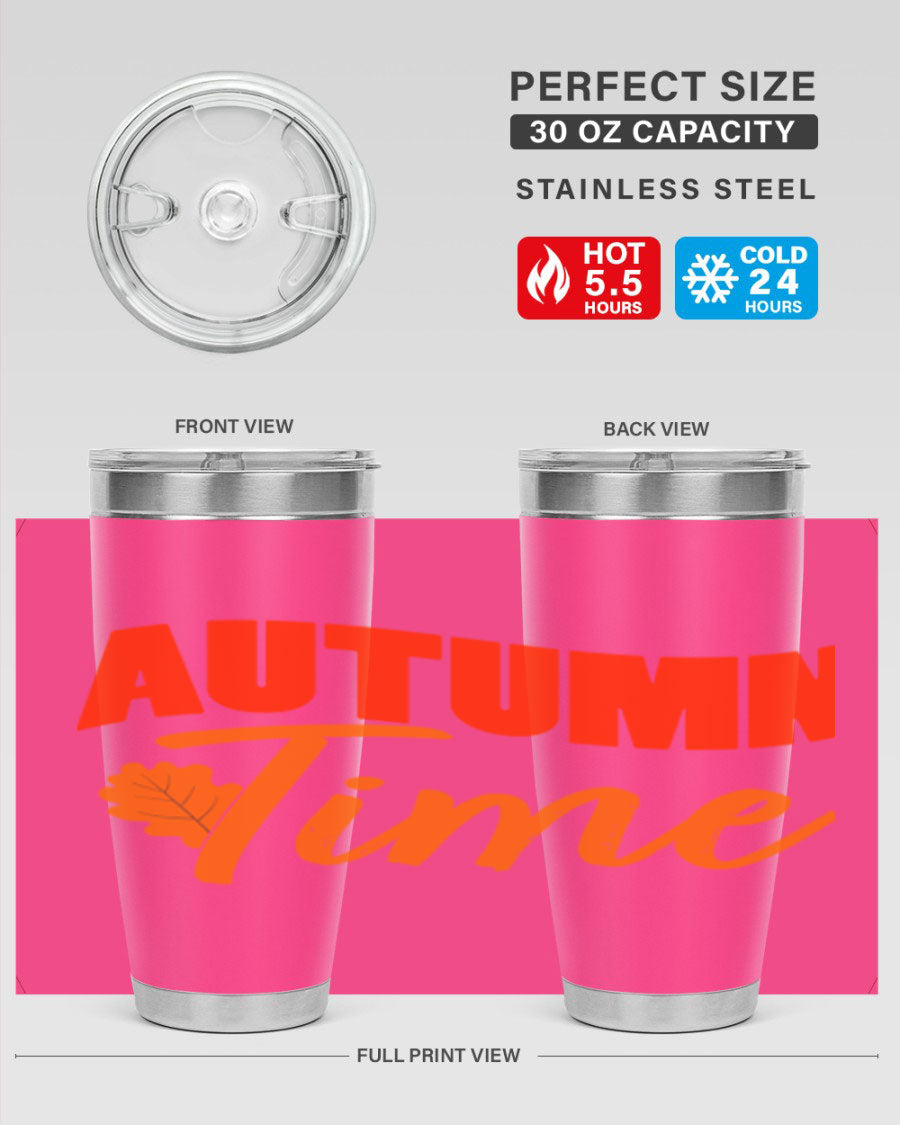 Autumn Time Design 33# 20oz Tumbler featuring vibrant fall colors and a stainless steel finish, ideal for hot and cold beverages.