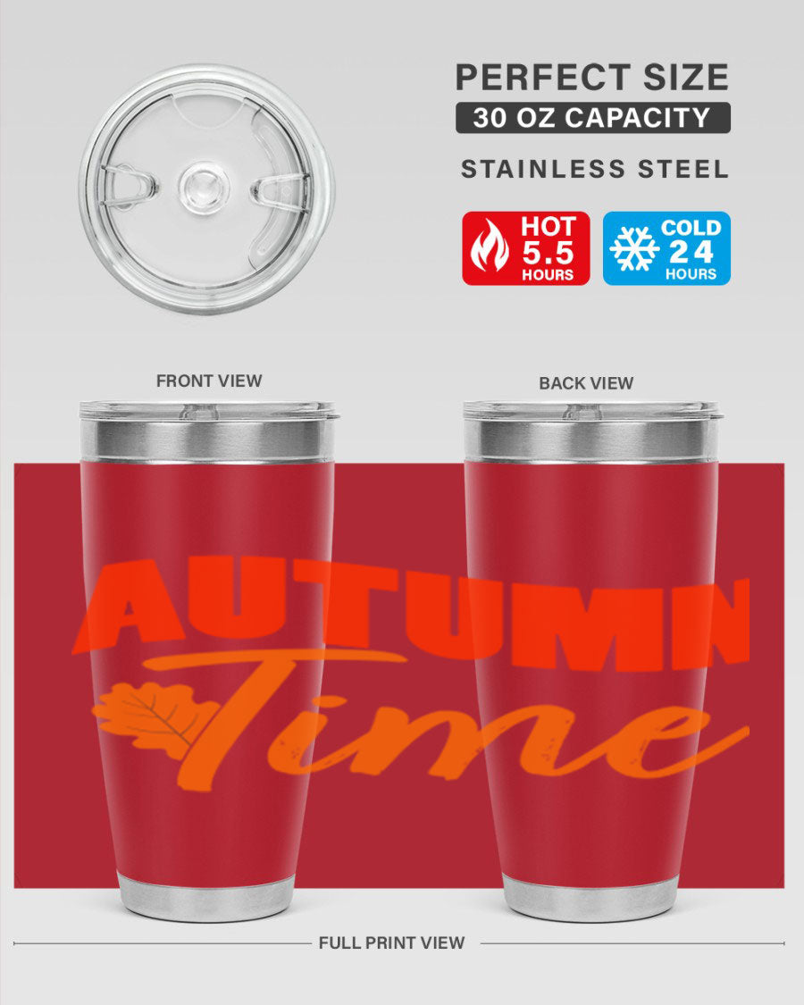 Autumn Time Design 33# 20oz Tumbler featuring vibrant fall colors and a stainless steel finish, ideal for hot and cold beverages.