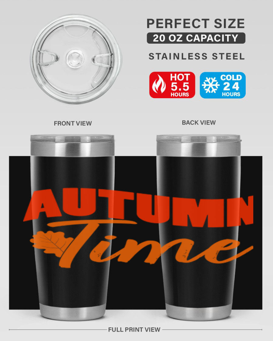 Autumn Time Design 33# 20oz Tumbler featuring vibrant fall colors and a stainless steel finish, ideal for hot and cold beverages.