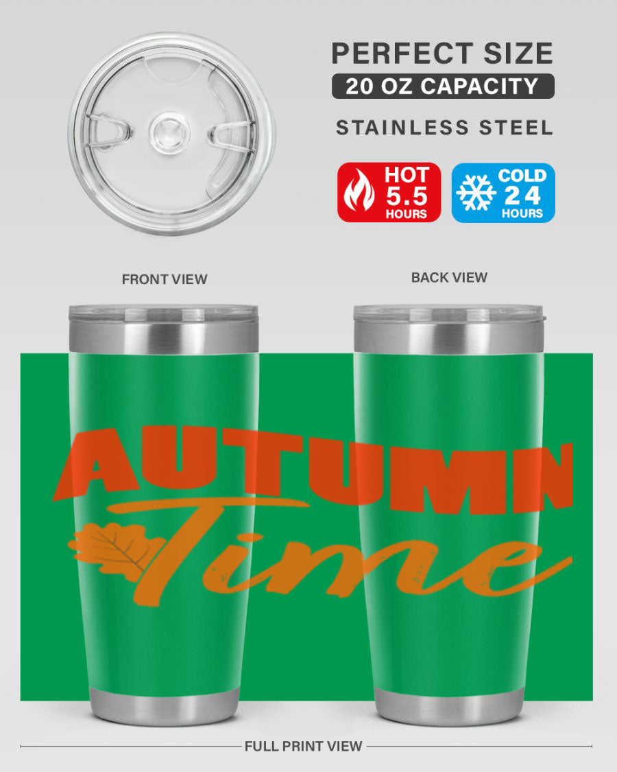 Autumn Time Design 33# 20oz Tumbler featuring vibrant fall colors and a stainless steel finish, ideal for hot and cold beverages.