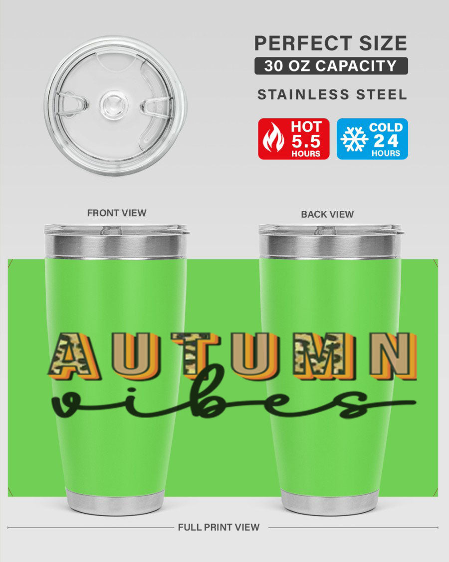 Autumn Vibes 37# Tumbler showcasing its double wall vacuum stainless steel design with a vibrant autumn-themed print.