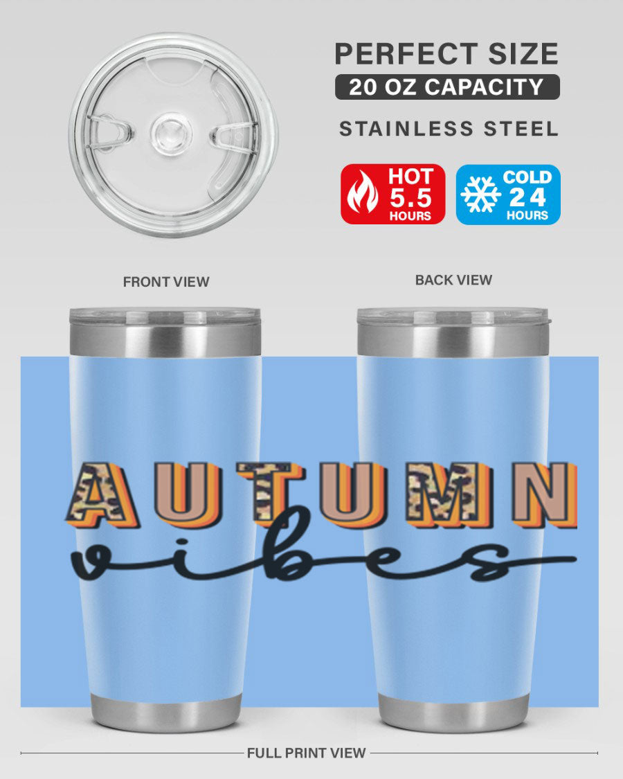 Autumn Vibes 37# Tumbler showcasing its double wall vacuum stainless steel design with a vibrant autumn-themed print.