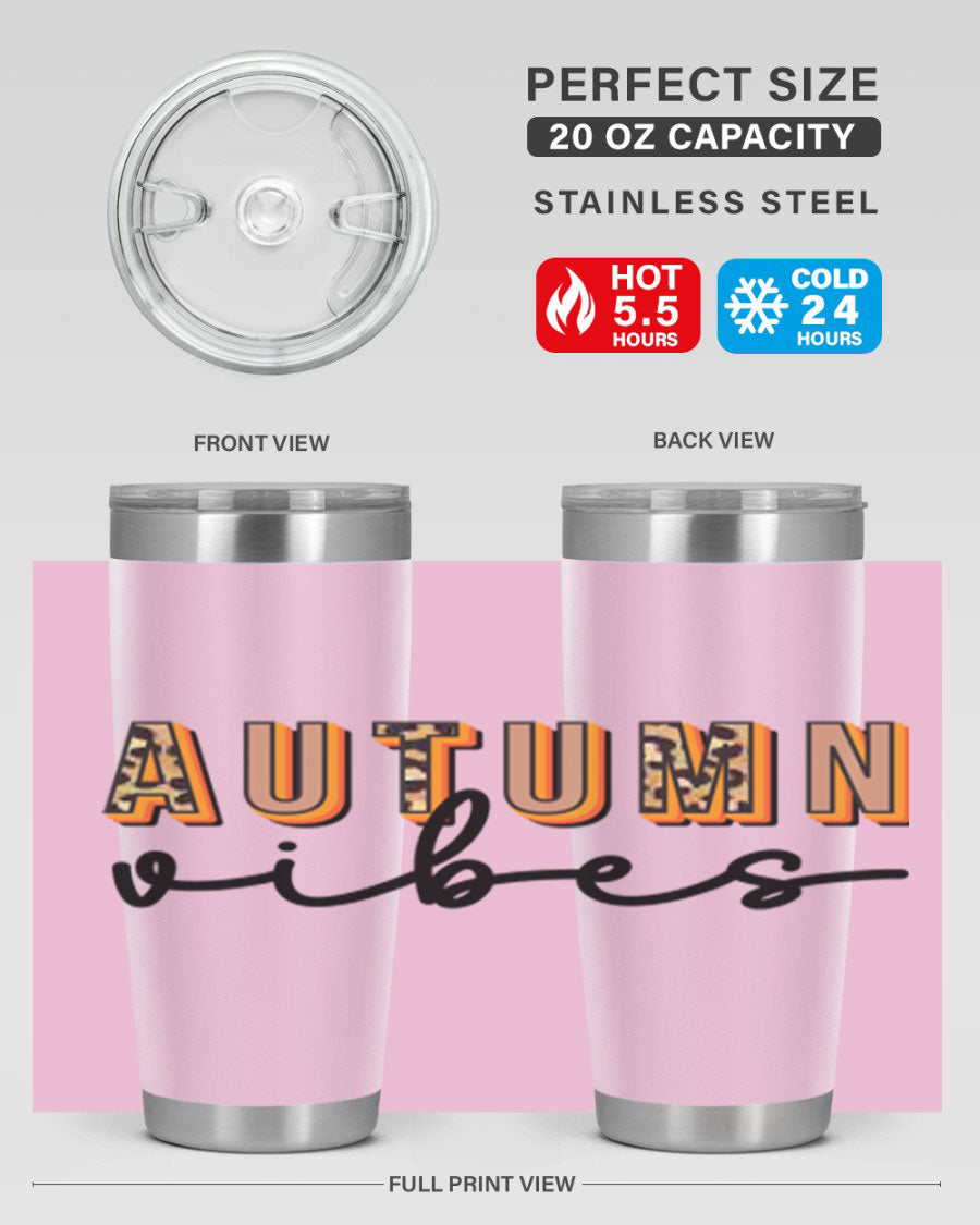 Autumn Vibes 37# Tumbler showcasing its double wall vacuum stainless steel design with a vibrant autumn-themed print.