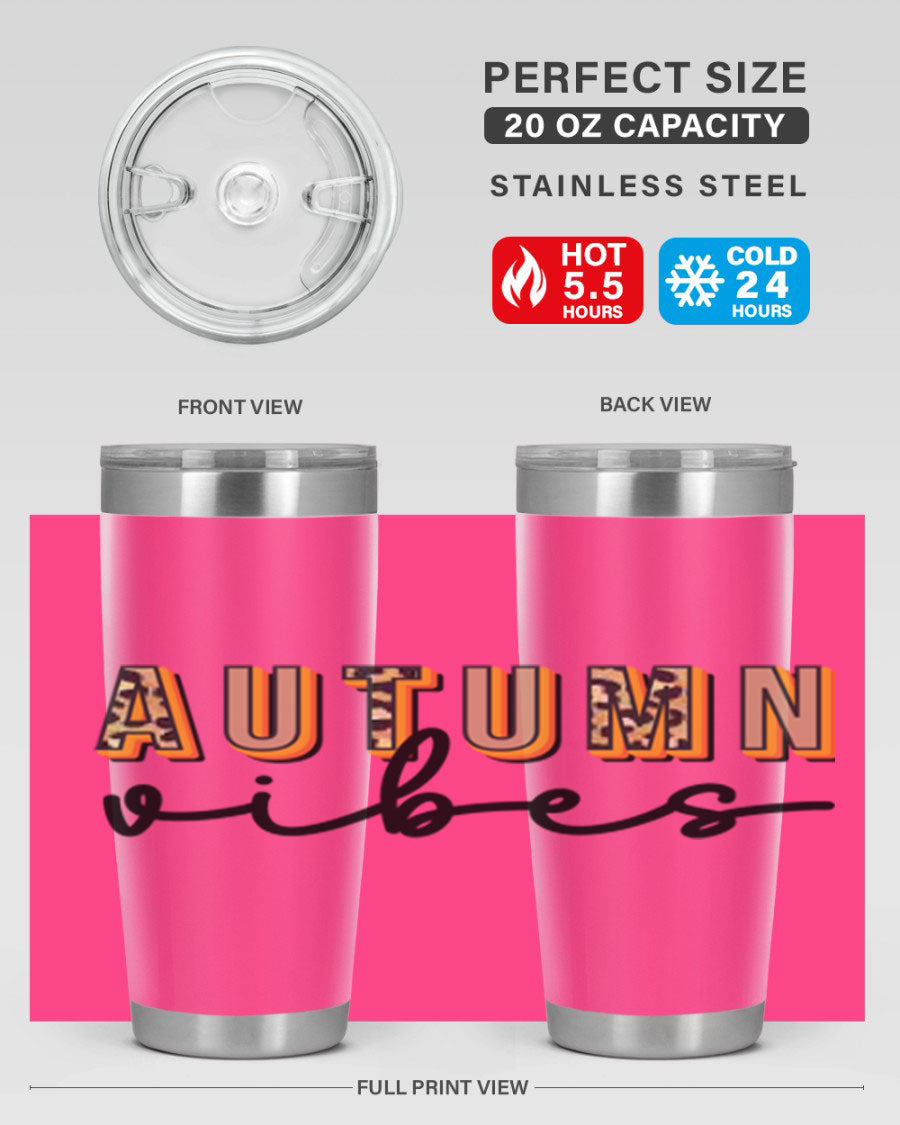 Autumn Vibes 37# Tumbler showcasing its double wall vacuum stainless steel design with a vibrant autumn-themed print.