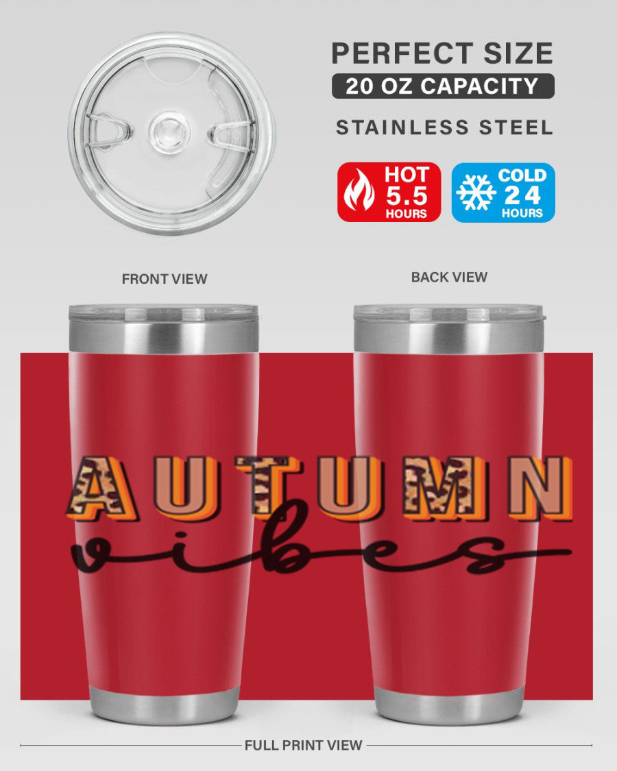 Autumn Vibes 37# Tumbler showcasing its double wall vacuum stainless steel design with a vibrant autumn-themed print.