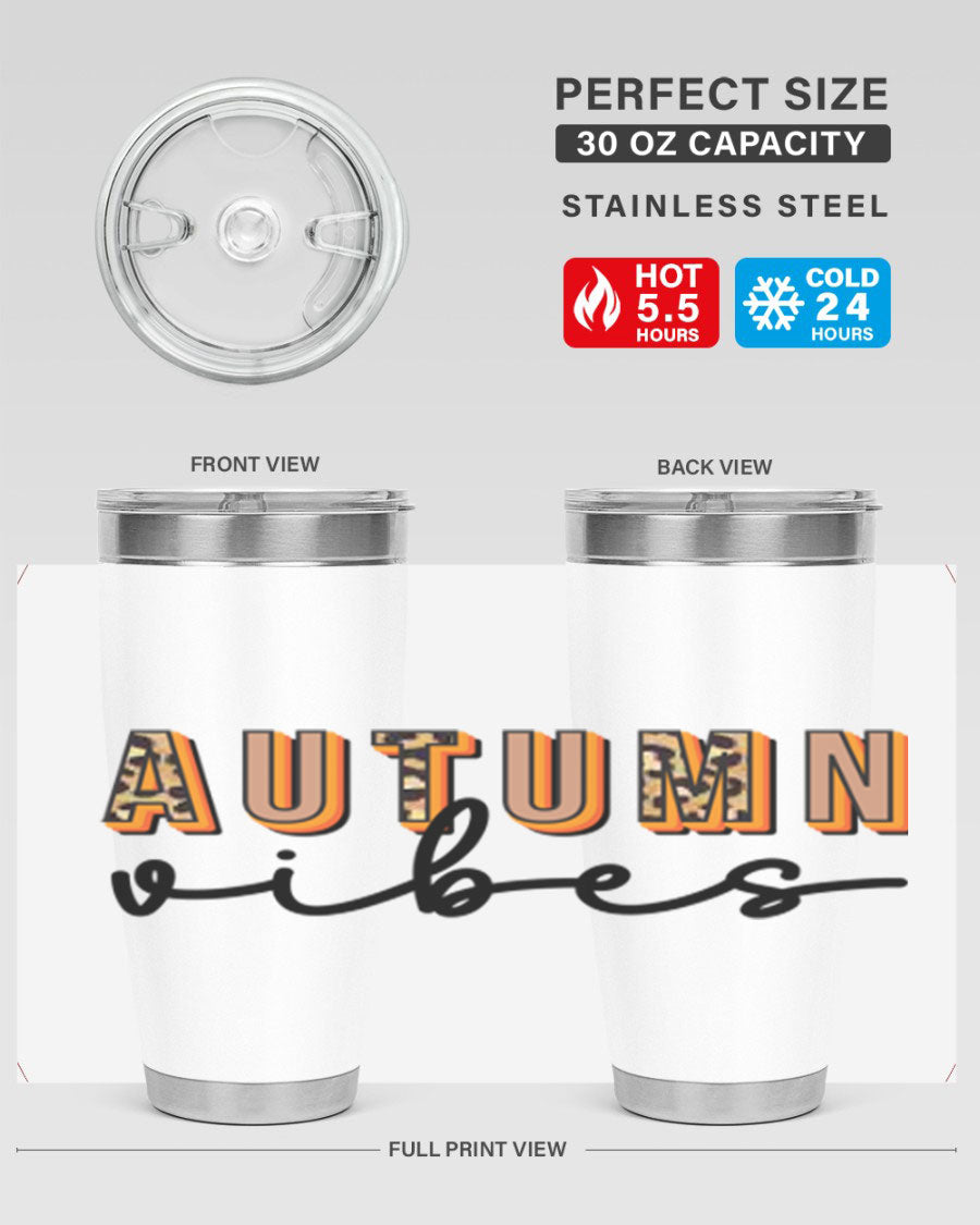 Autumn Vibes 37# Tumbler showcasing its double wall vacuum stainless steel design with a vibrant autumn-themed print.