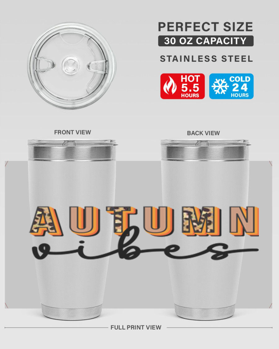 Autumn Vibes 37# Tumbler showcasing its double wall vacuum stainless steel design with a vibrant autumn-themed print.