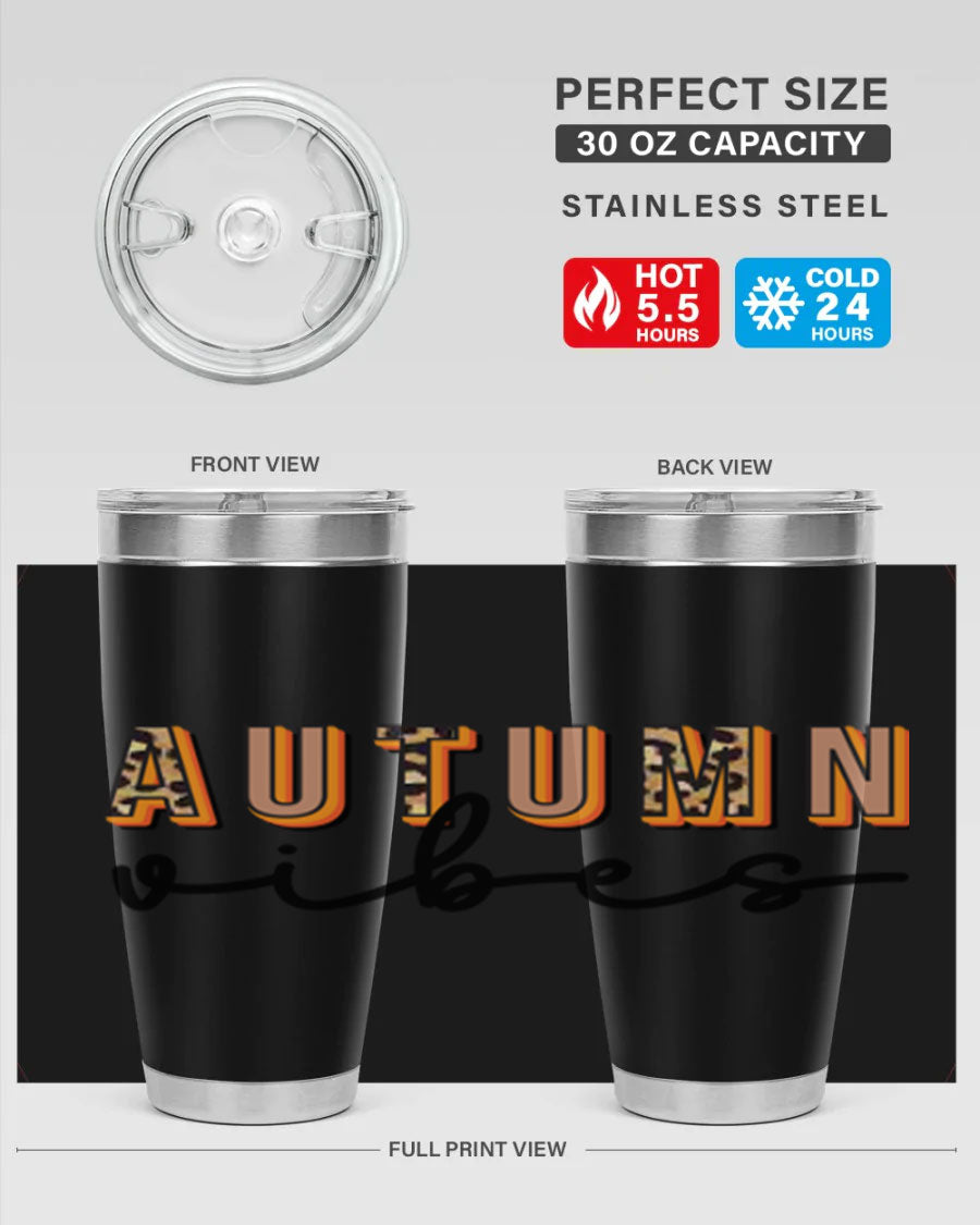 Autumn Vibes 37# Tumbler showcasing its double wall vacuum stainless steel design with a vibrant autumn-themed print.