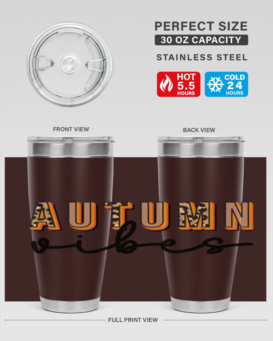 Autumn Vibes 37# Tumbler showcasing its double wall vacuum stainless steel design with a vibrant autumn-themed print.