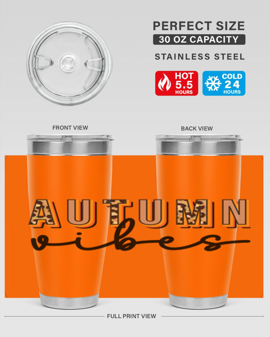 Autumn Vibes 37# Tumbler showcasing its double wall vacuum stainless steel design with a vibrant autumn-themed print.