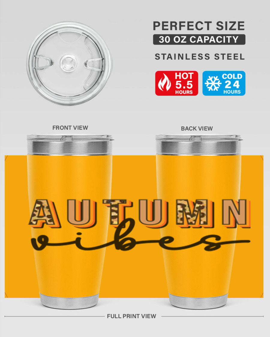 Autumn Vibes 37# Tumbler showcasing its double wall vacuum stainless steel design with a vibrant autumn-themed print.