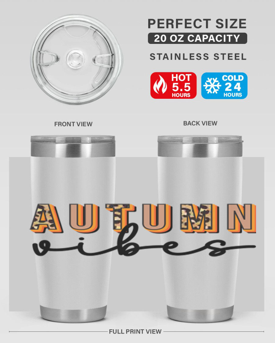 Autumn Vibes 37# Tumbler showcasing its double wall vacuum stainless steel design with a vibrant autumn-themed print.