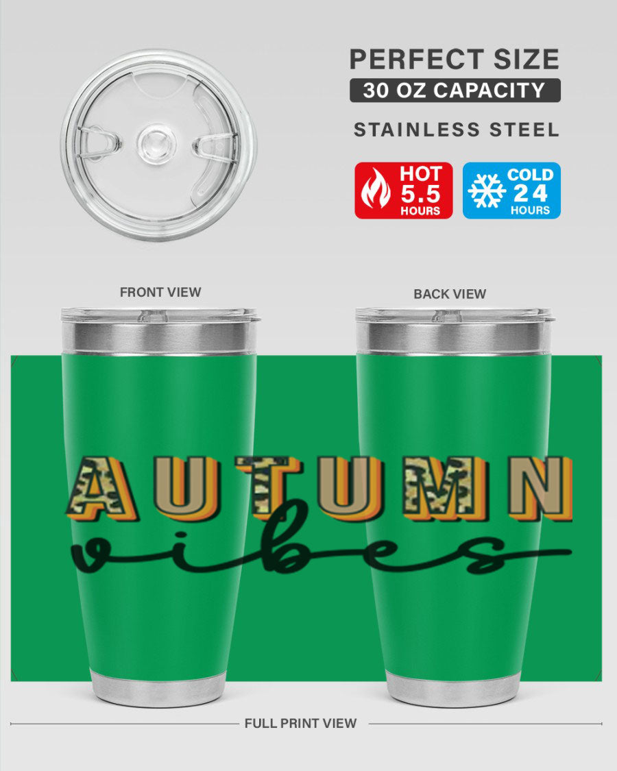 Autumn Vibes 37# Tumbler showcasing its double wall vacuum stainless steel design with a vibrant autumn-themed print.