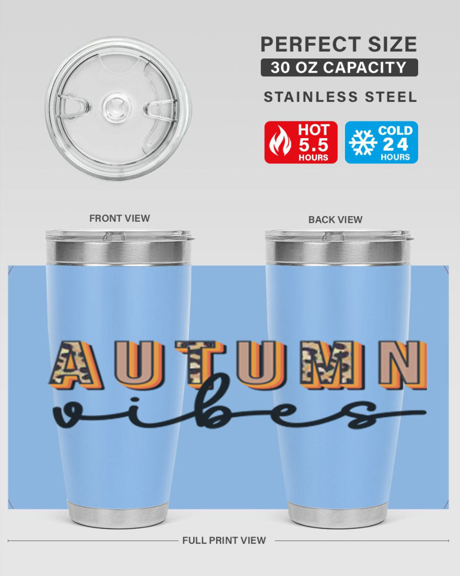 Autumn Vibes 37# Tumbler showcasing its double wall vacuum stainless steel design with a vibrant autumn-themed print.