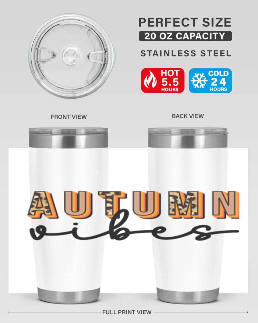 Autumn Vibes 37# Tumbler showcasing its double wall vacuum stainless steel design with a vibrant autumn-themed print.