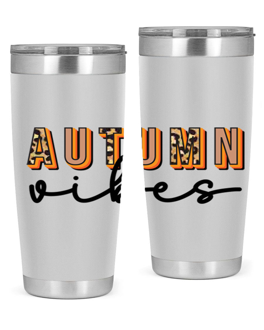 Autumn Vibes 37# Tumbler showcasing its double wall vacuum stainless steel design with a vibrant autumn-themed print.