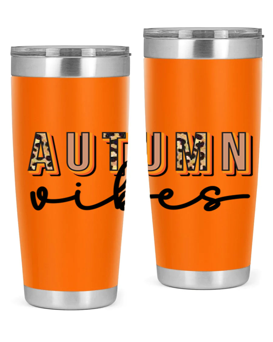 Autumn Vibes 37# Tumbler showcasing its double wall vacuum stainless steel design with a vibrant autumn-themed print.