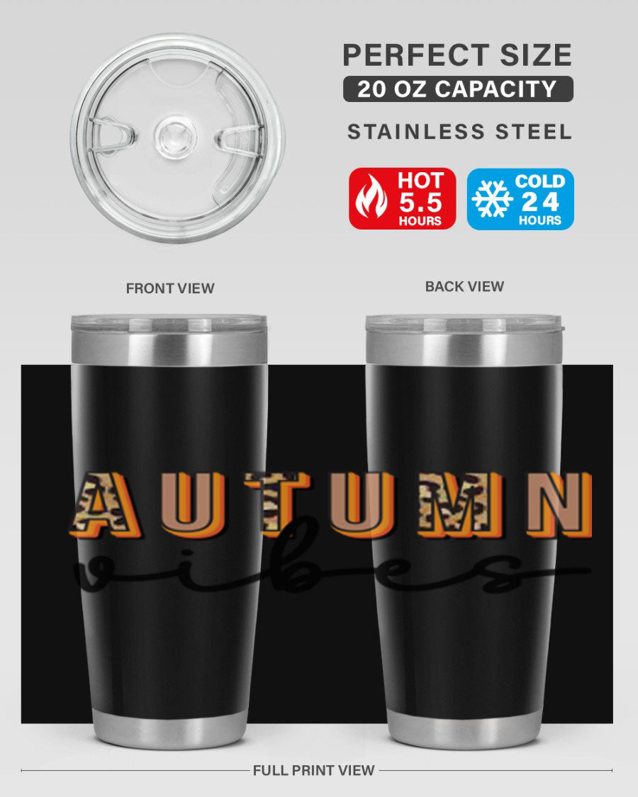 Autumn Vibes 37# Tumbler showcasing its double wall vacuum stainless steel design with a vibrant autumn-themed print.