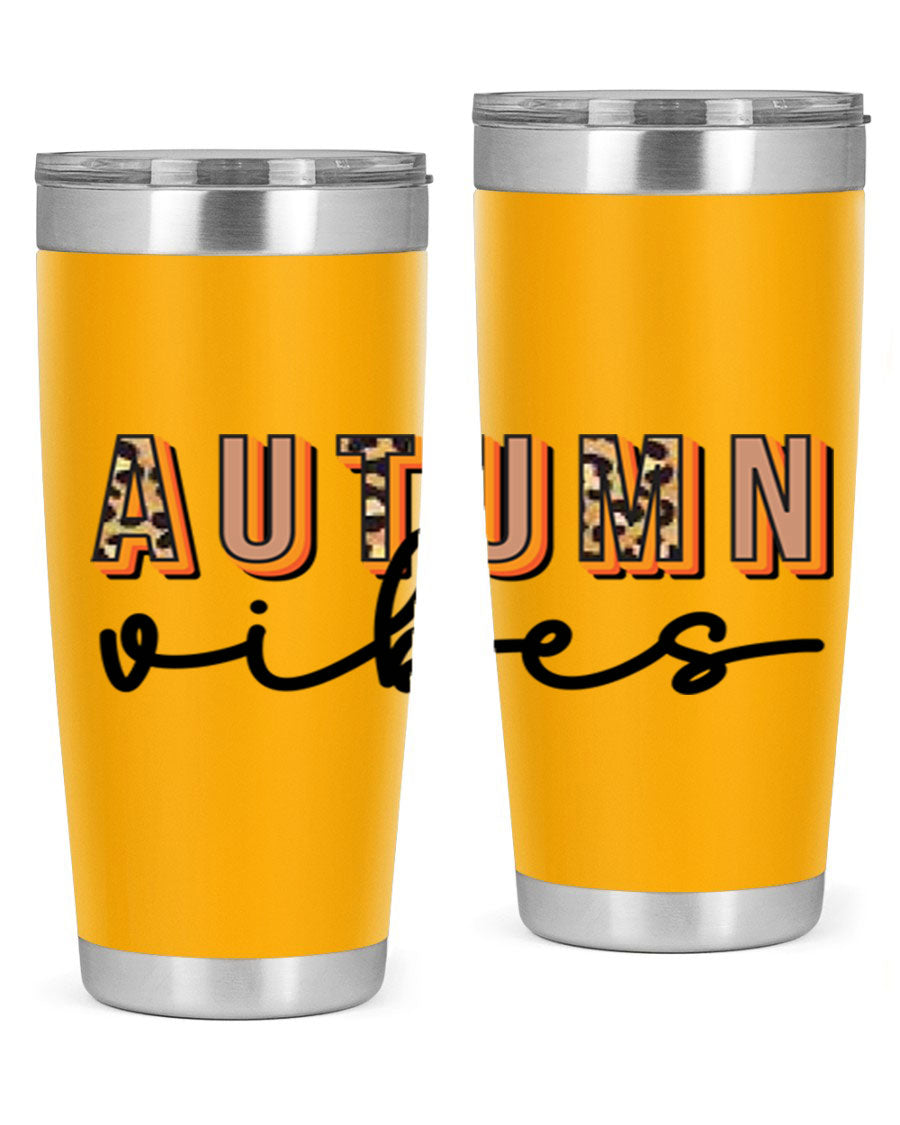 Autumn Vibes 37# Tumbler showcasing its double wall vacuum stainless steel design with a vibrant autumn-themed print.