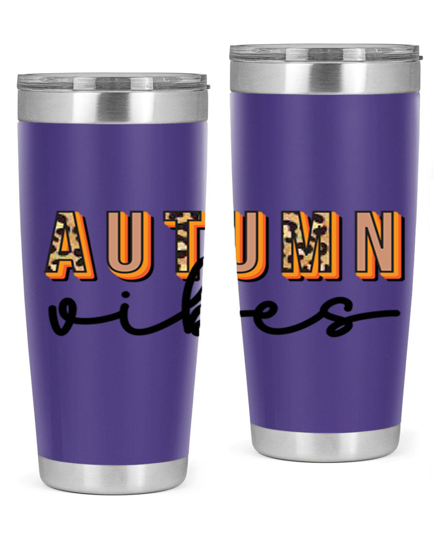 Autumn Vibes 37# Tumbler showcasing its double wall vacuum stainless steel design with a vibrant autumn-themed print.