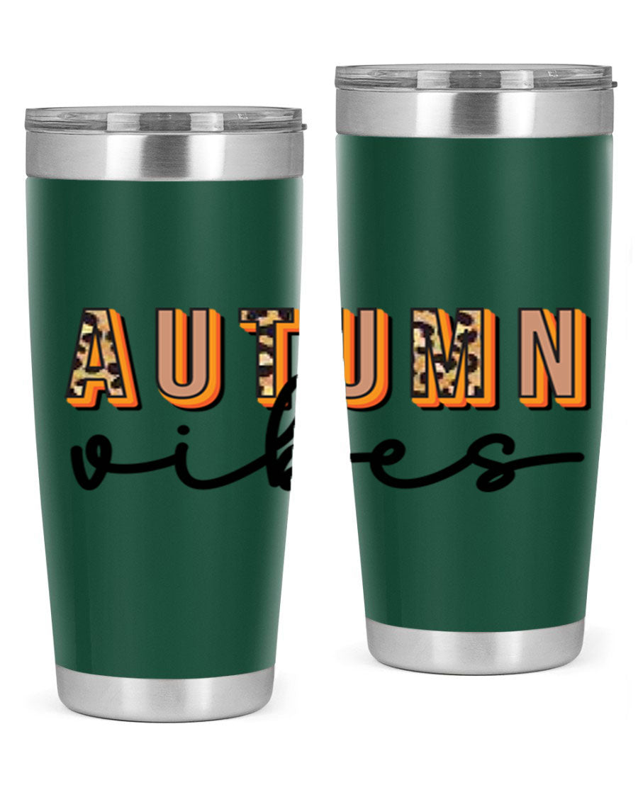 Autumn Vibes 37# Tumbler showcasing its double wall vacuum stainless steel design with a vibrant autumn-themed print.