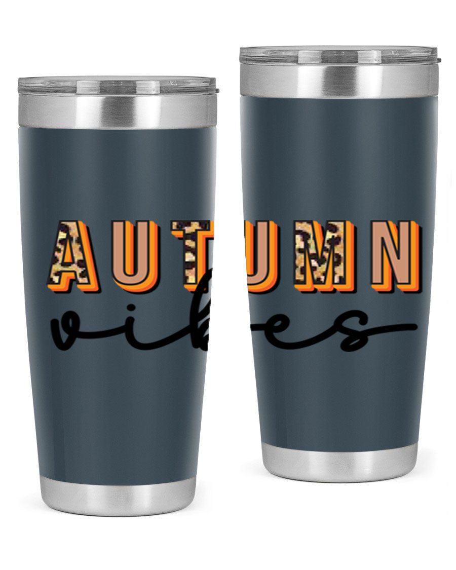 Autumn Vibes 37# Tumbler showcasing its double wall vacuum stainless steel design with a vibrant autumn-themed print.