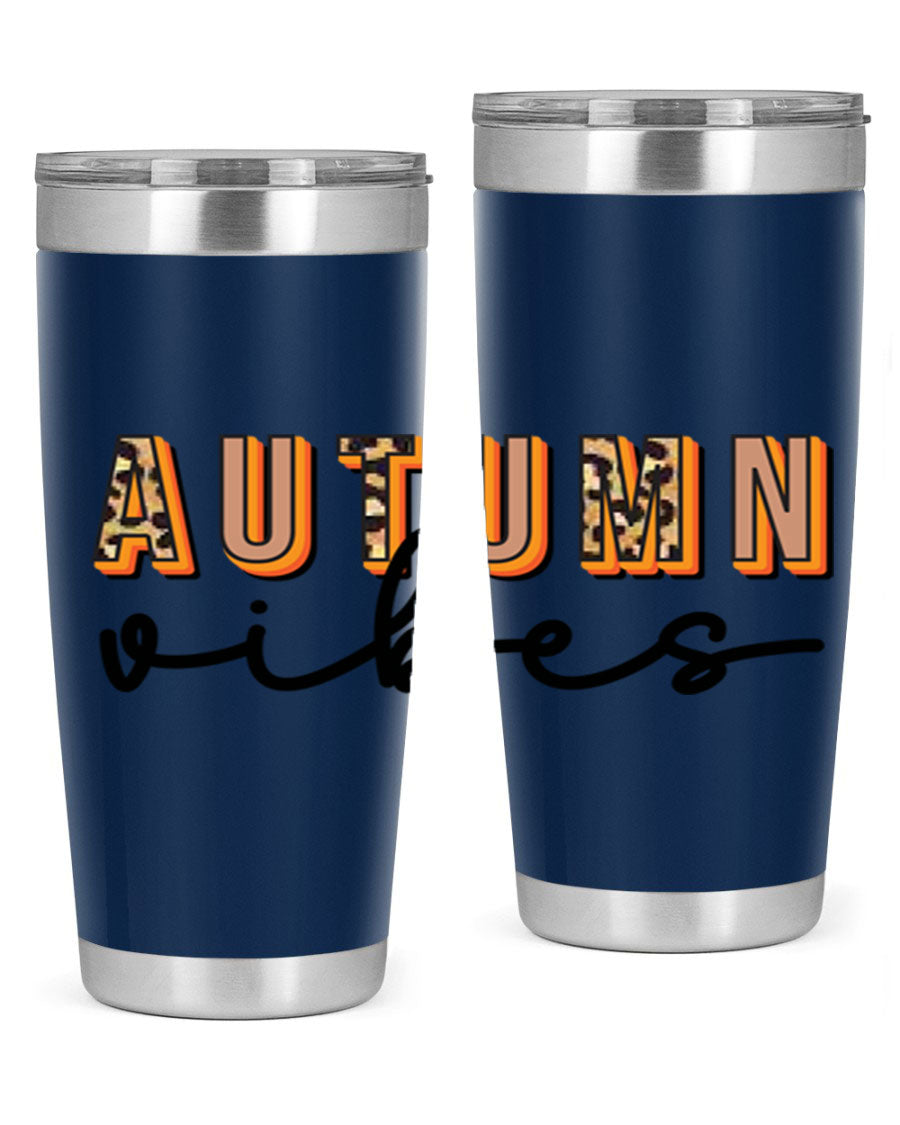 Autumn Vibes 37# Tumbler showcasing its double wall vacuum stainless steel design with a vibrant autumn-themed print.