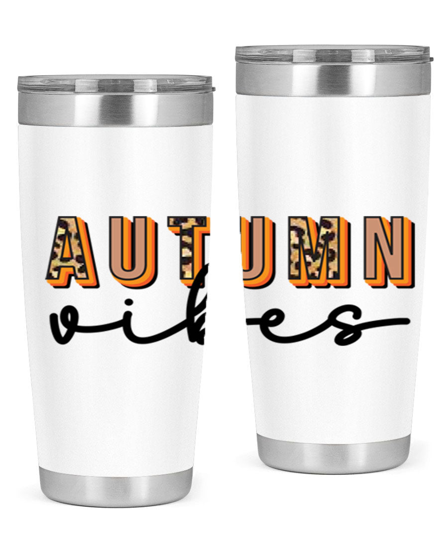 Autumn Vibes 37# Tumbler showcasing its double wall vacuum stainless steel design with a vibrant autumn-themed print.