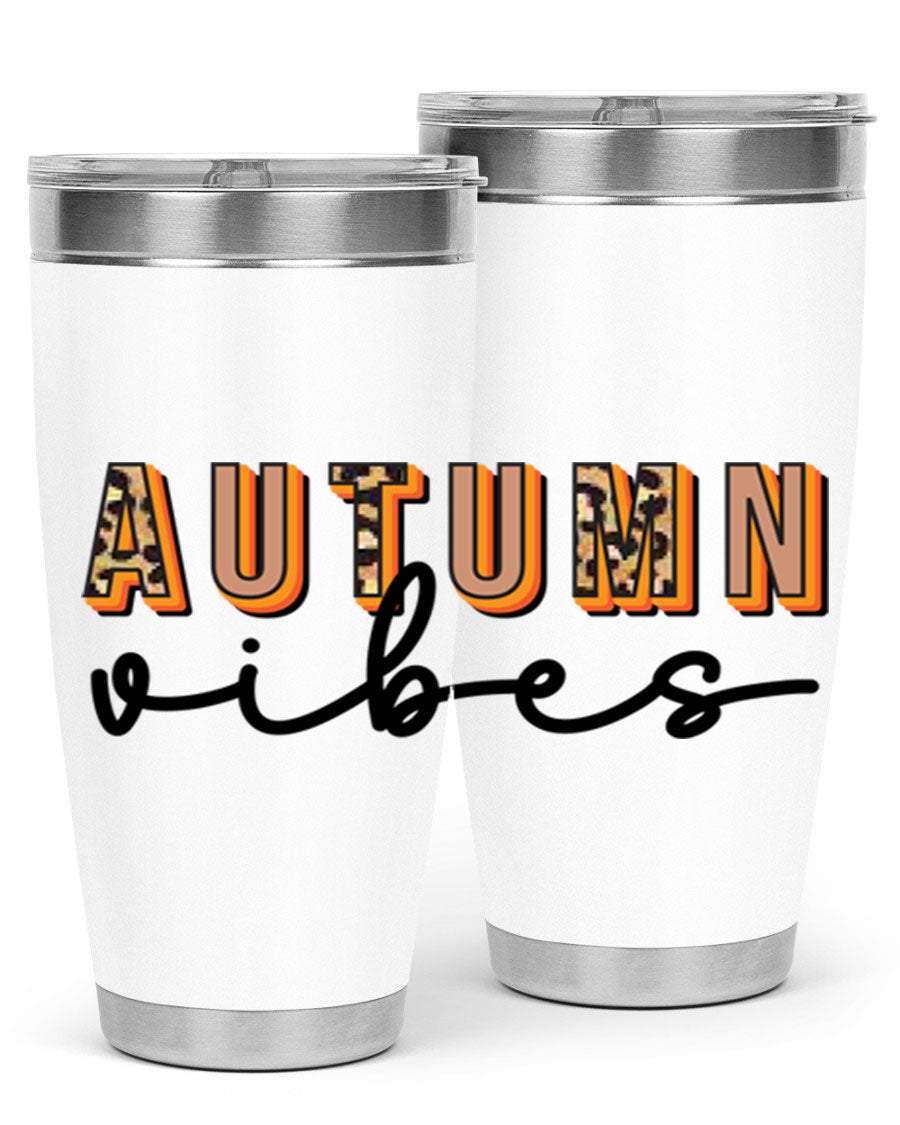 Autumn Vibes 37# Tumbler showcasing its double wall vacuum stainless steel design with a vibrant autumn-themed print.