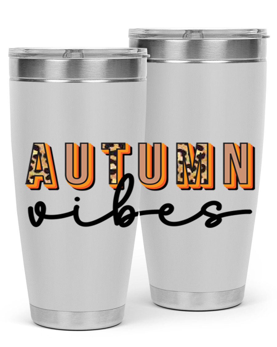 Autumn Vibes 37# Tumbler showcasing its double wall vacuum stainless steel design with a vibrant autumn-themed print.