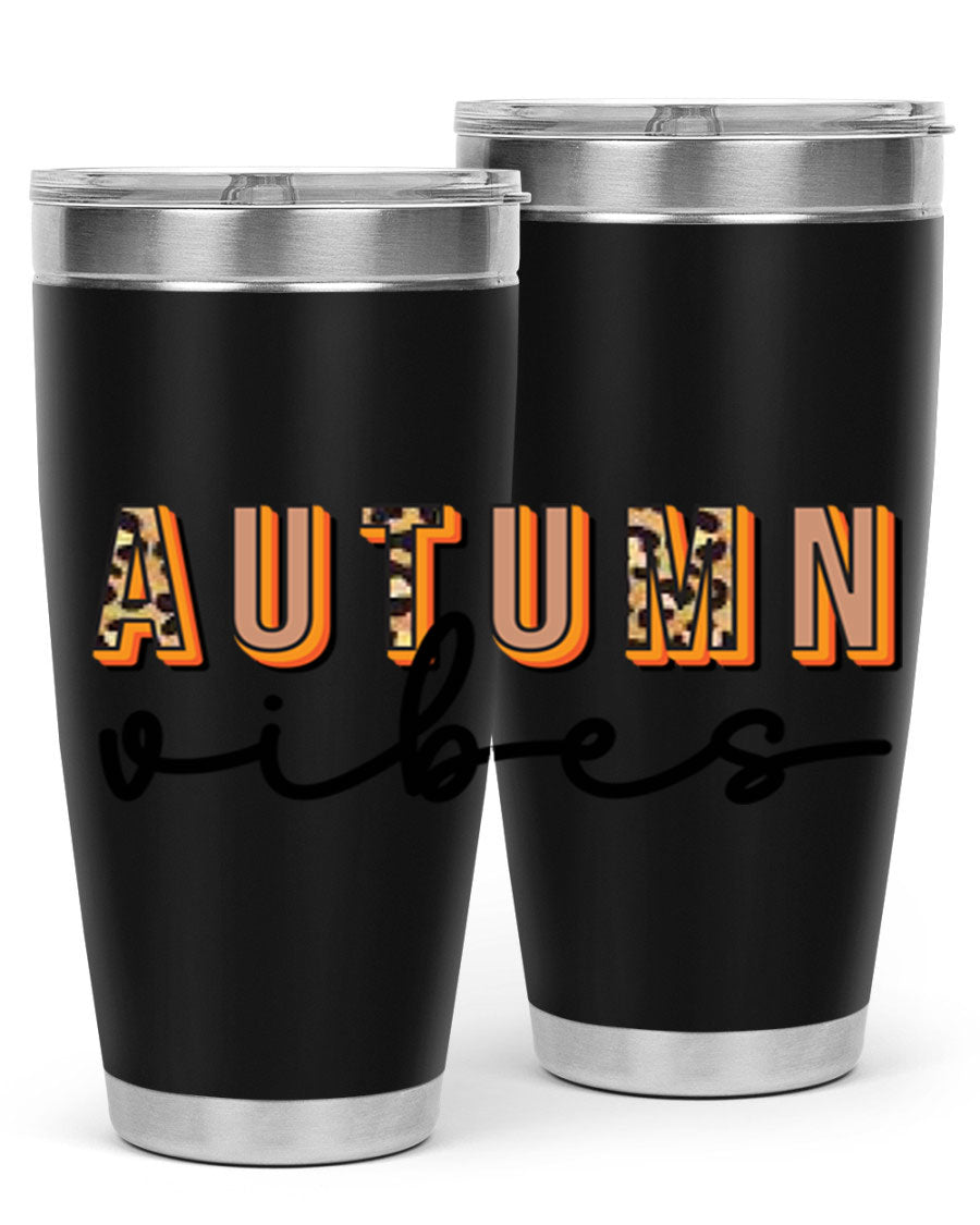 Autumn Vibes 37# Tumbler showcasing its double wall vacuum stainless steel design with a vibrant autumn-themed print.