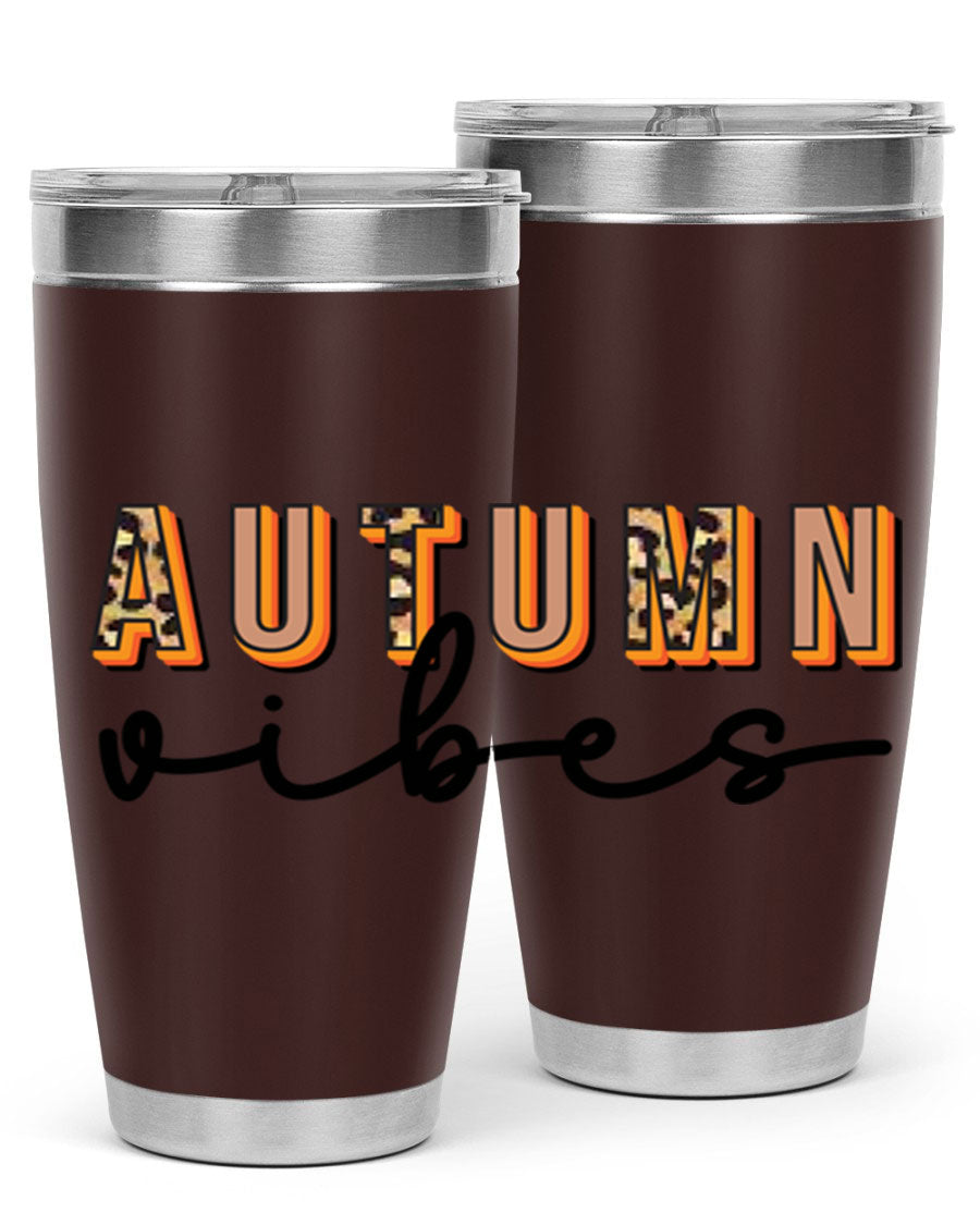 Autumn Vibes 37# Tumbler showcasing its double wall vacuum stainless steel design with a vibrant autumn-themed print.