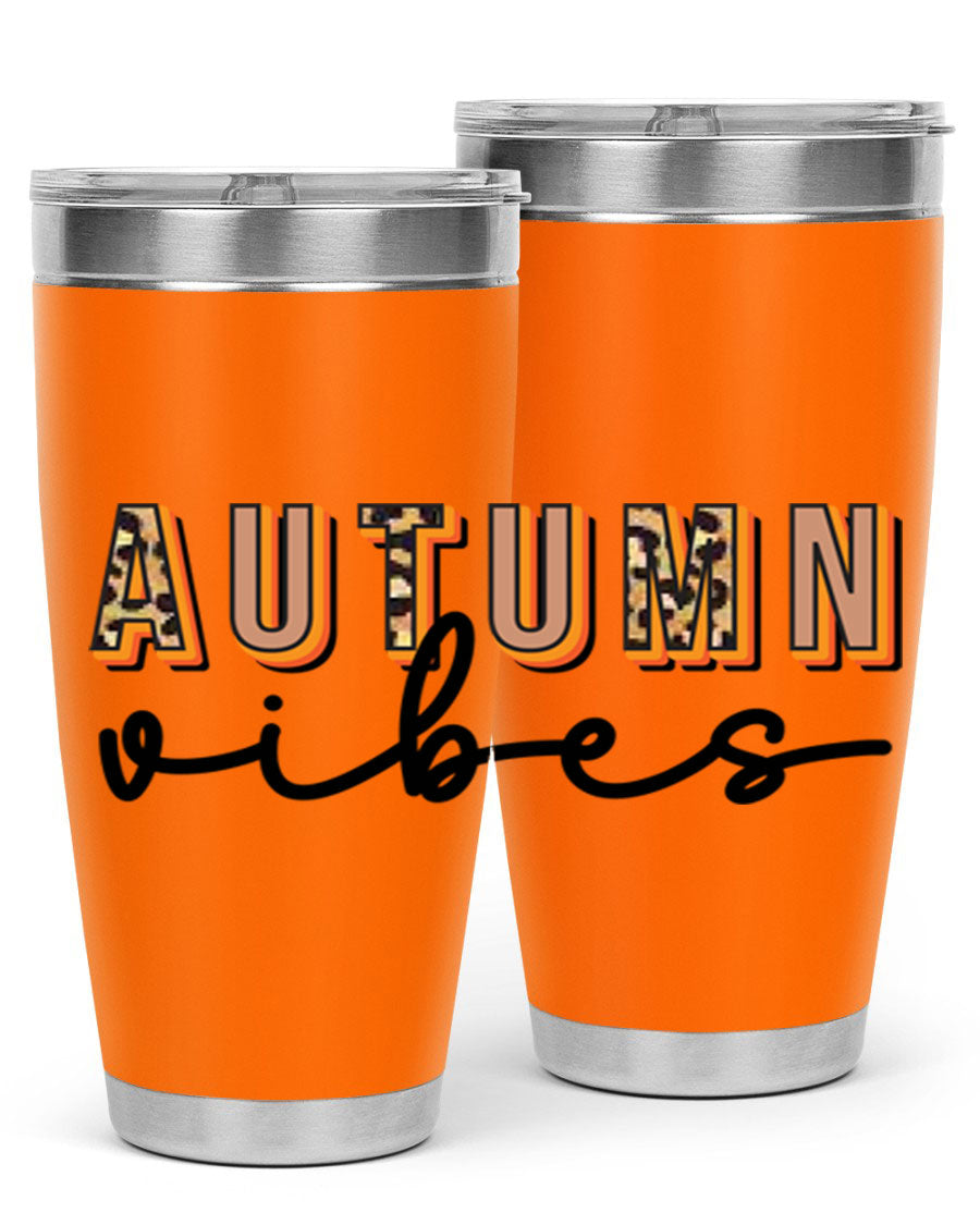 Autumn Vibes 37# Tumbler showcasing its double wall vacuum stainless steel design with a vibrant autumn-themed print.