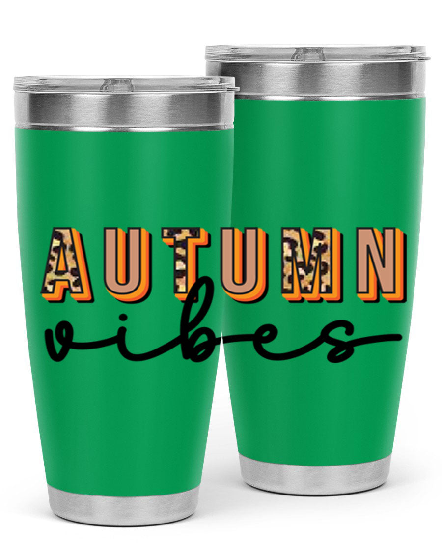 Autumn Vibes 37# Tumbler showcasing its double wall vacuum stainless steel design with a vibrant autumn-themed print.