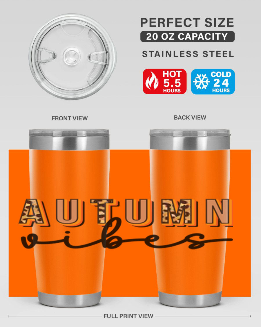 Autumn Vibes 37# Tumbler showcasing its double wall vacuum stainless steel design with a vibrant autumn-themed print.