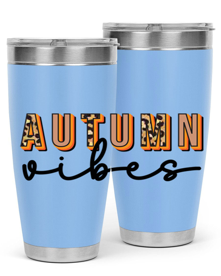 Autumn Vibes 37# Tumbler showcasing its double wall vacuum stainless steel design with a vibrant autumn-themed print.