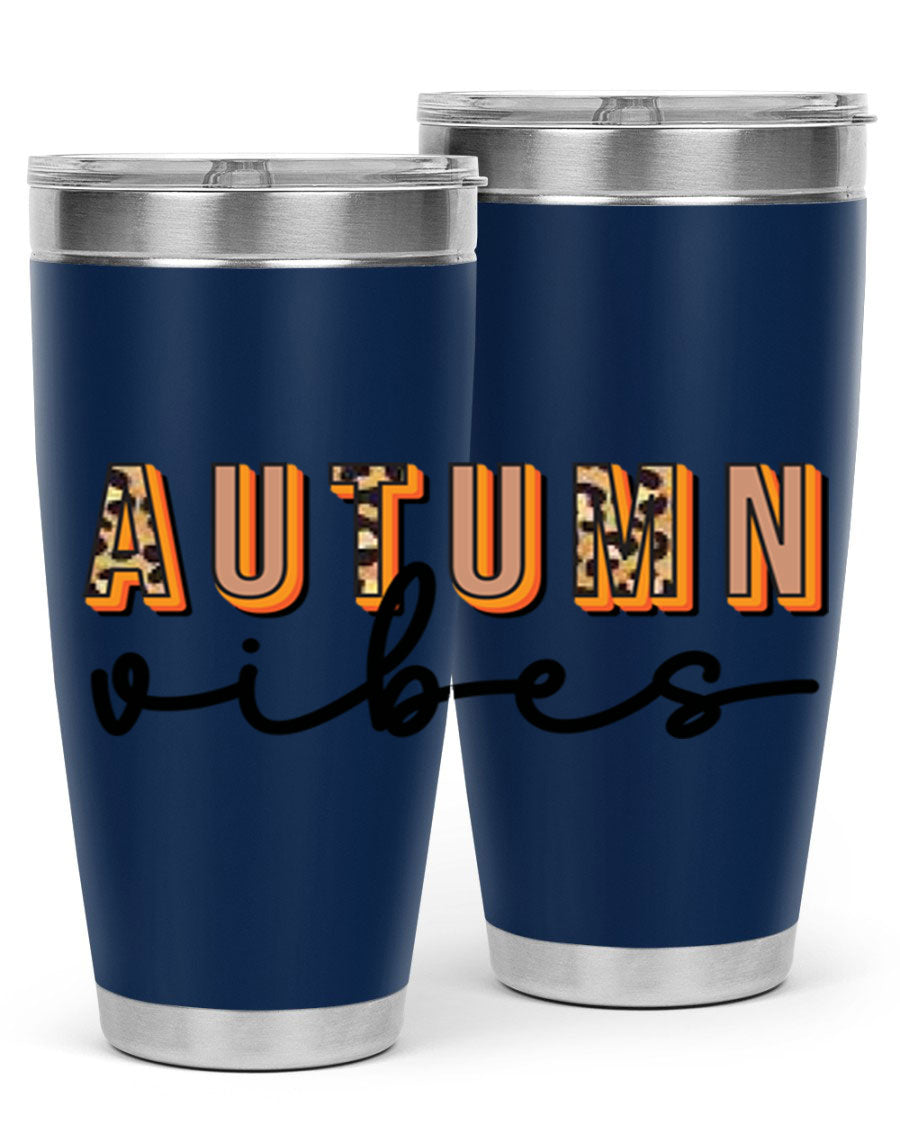 Autumn Vibes 37# Tumbler showcasing its double wall vacuum stainless steel design with a vibrant autumn-themed print.