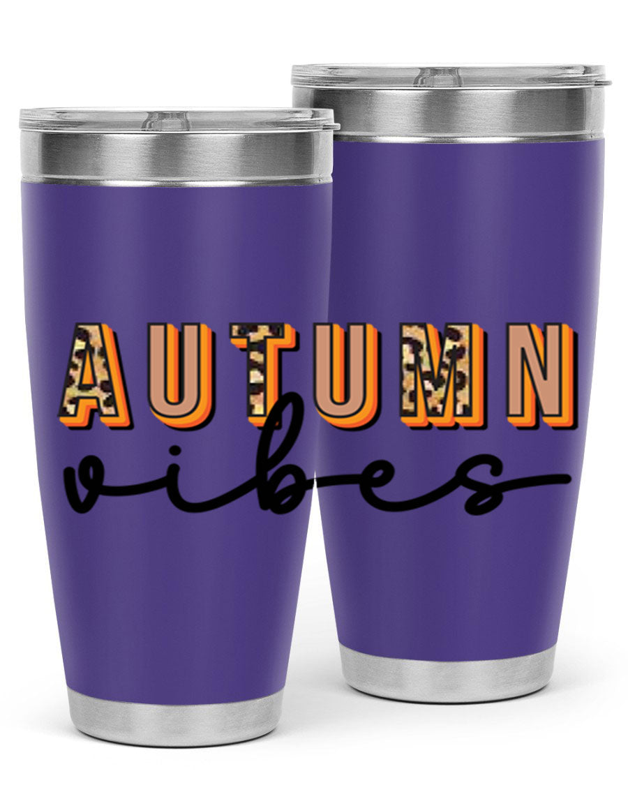 Autumn Vibes 37# Tumbler showcasing its double wall vacuum stainless steel design with a vibrant autumn-themed print.