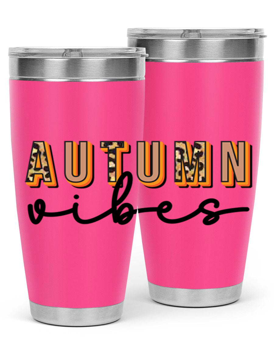 Autumn Vibes 37# Tumbler showcasing its double wall vacuum stainless steel design with a vibrant autumn-themed print.