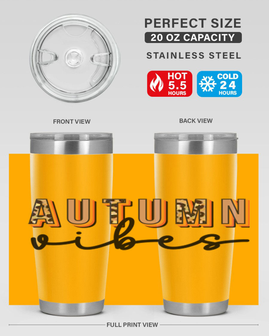 Autumn Vibes 37# Tumbler showcasing its double wall vacuum stainless steel design with a vibrant autumn-themed print.