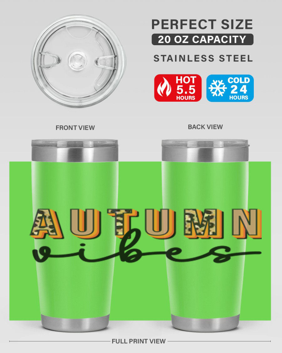 Autumn Vibes 37# Tumbler showcasing its double wall vacuum stainless steel design with a vibrant autumn-themed print.