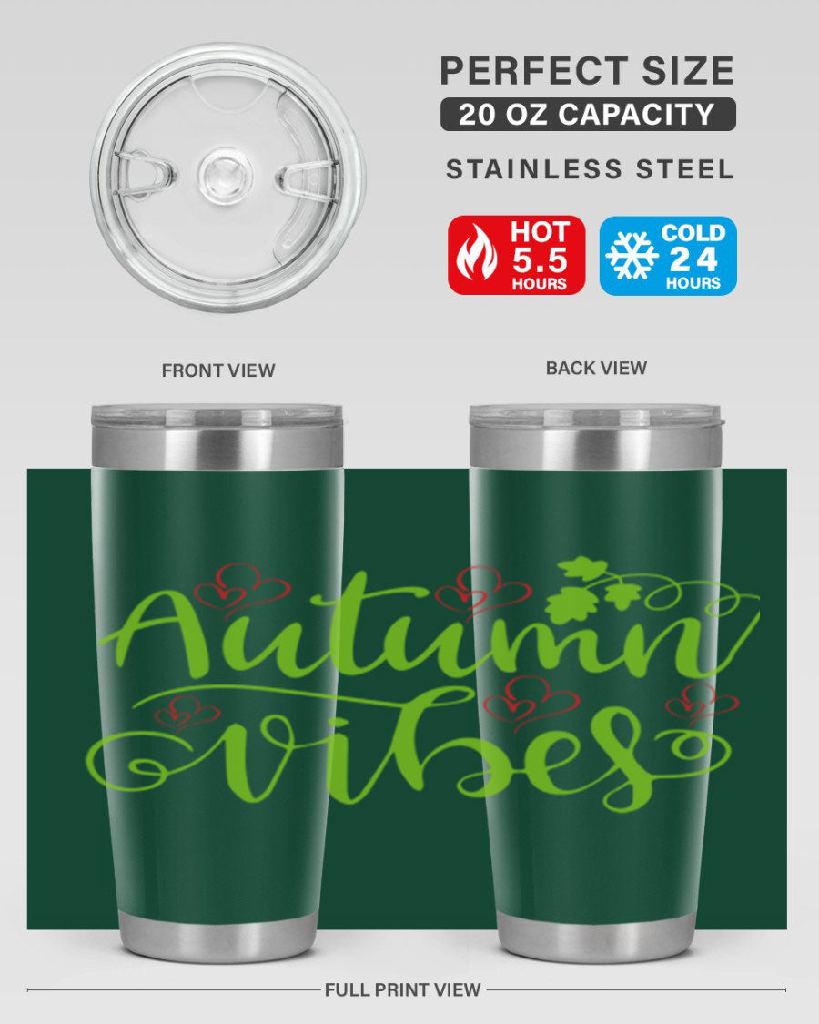 Autumn Vibes 20oz Tumbler featuring double wall vacuum stainless steel and a vibrant fall design.