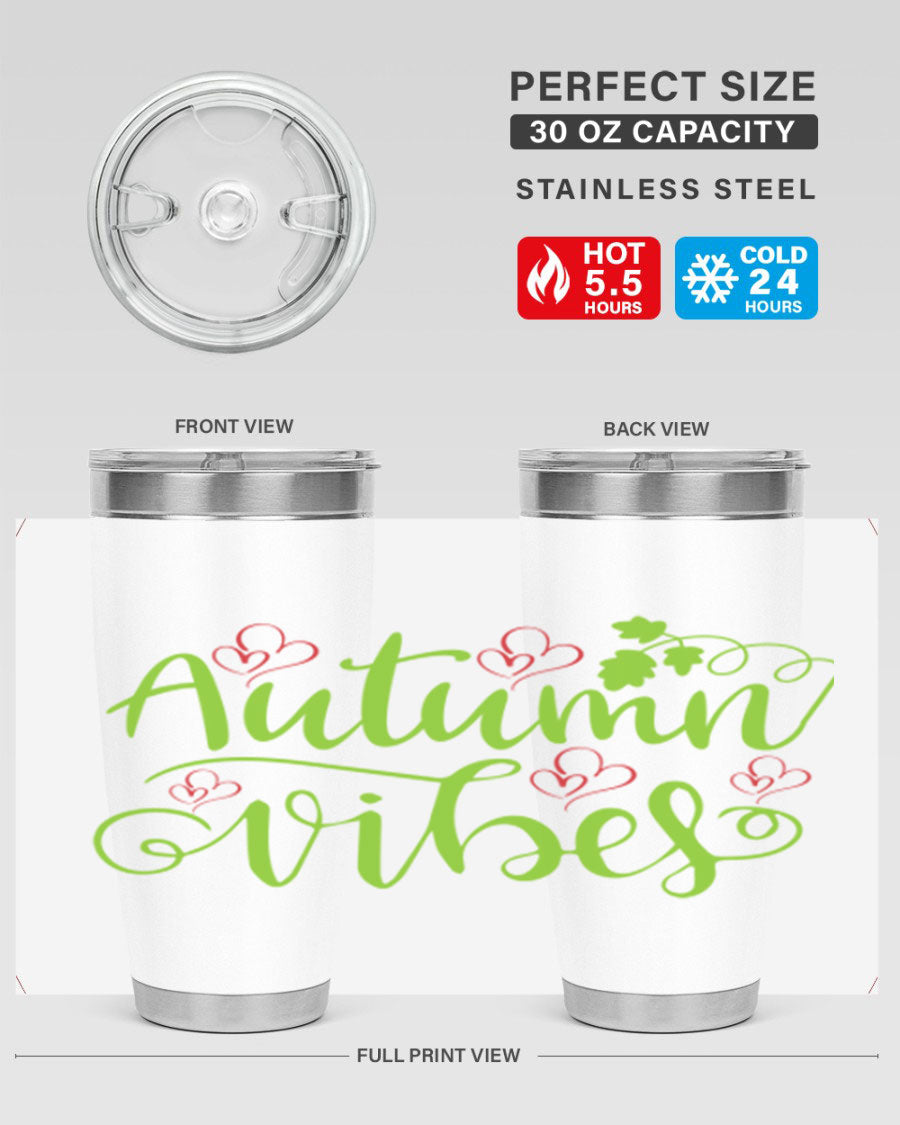 Autumn Vibes 20oz Tumbler featuring double wall vacuum stainless steel and a vibrant fall design.