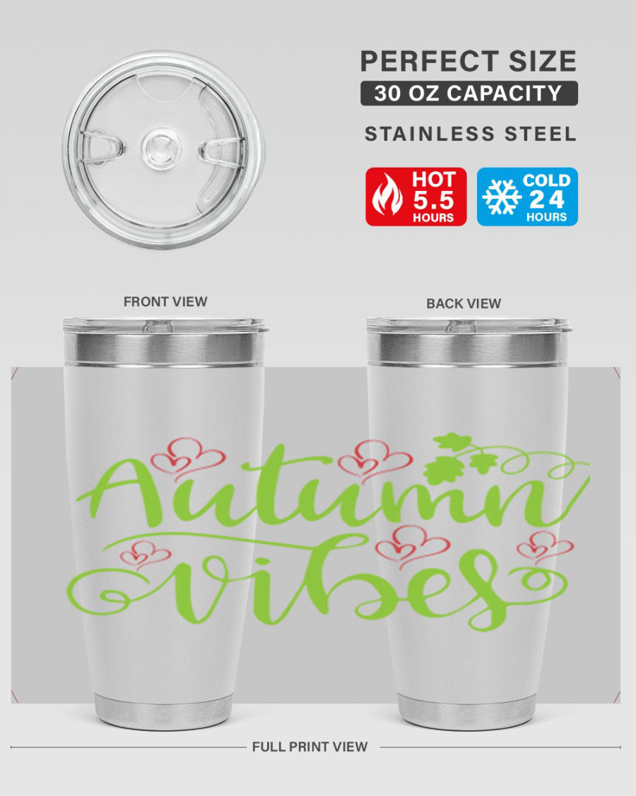 Autumn Vibes 20oz Tumbler featuring double wall vacuum stainless steel and a vibrant fall design.