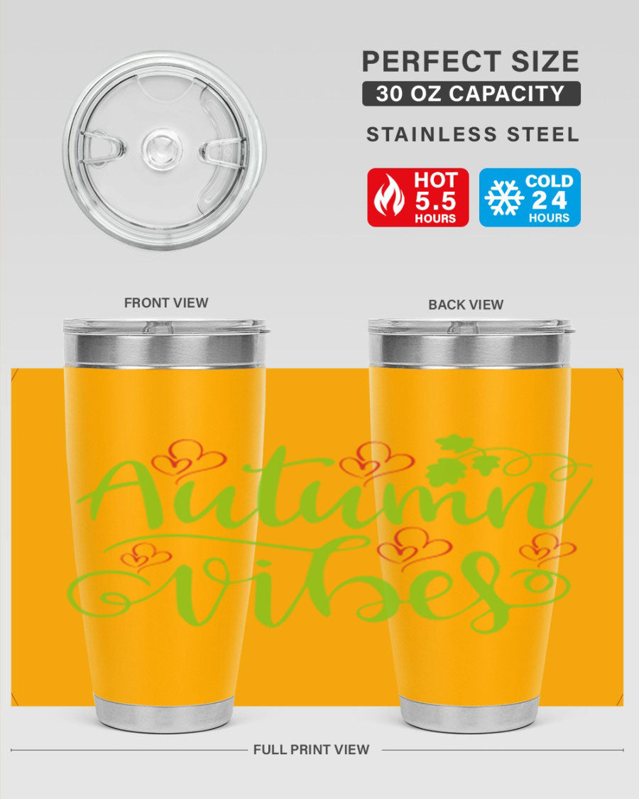 Autumn Vibes 20oz Tumbler featuring double wall vacuum stainless steel and a vibrant fall design.