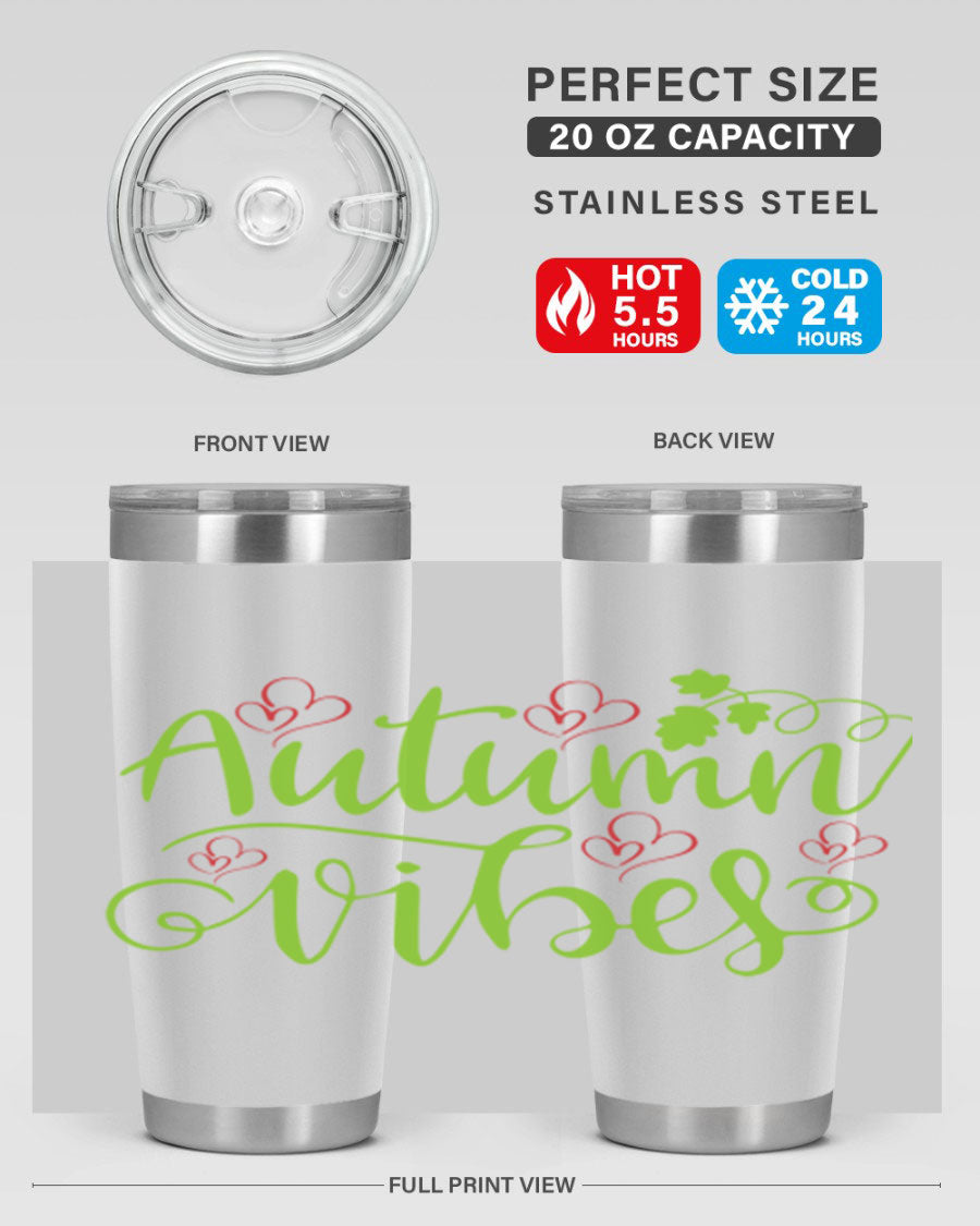 Autumn Vibes 20oz Tumbler featuring double wall vacuum stainless steel and a vibrant fall design.