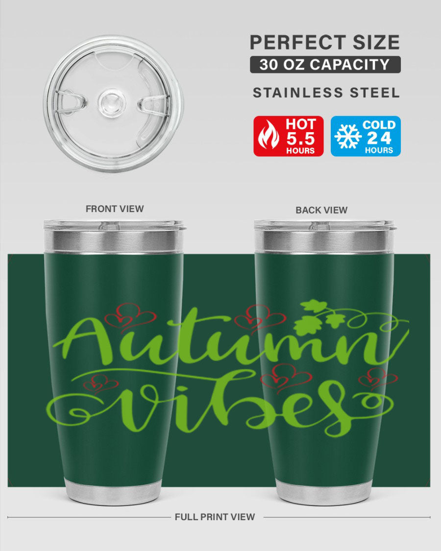 Autumn Vibes 20oz Tumbler featuring double wall vacuum stainless steel and a vibrant fall design.