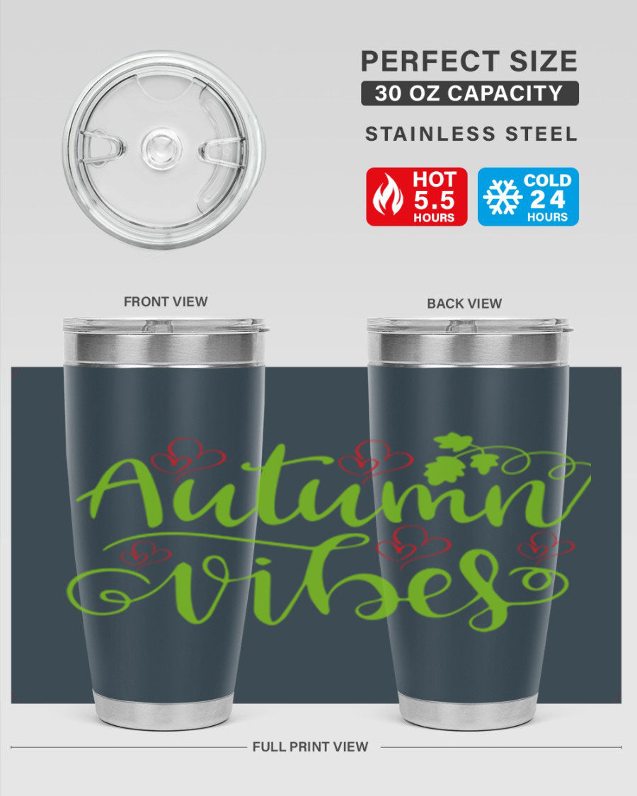 Autumn Vibes 20oz Tumbler featuring double wall vacuum stainless steel and a vibrant fall design.