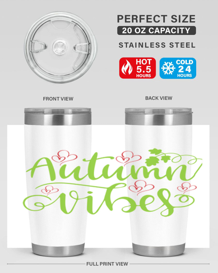 Autumn Vibes 20oz Tumbler featuring double wall vacuum stainless steel and a vibrant fall design.